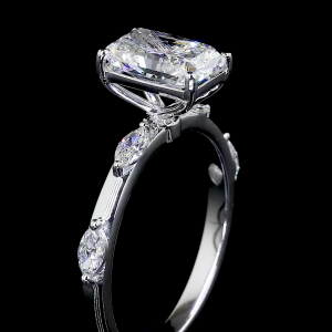 Radiant Crest Lab Diamond Ring Rectangular Cut Halo Setting Pave Band 14K 18K Gold