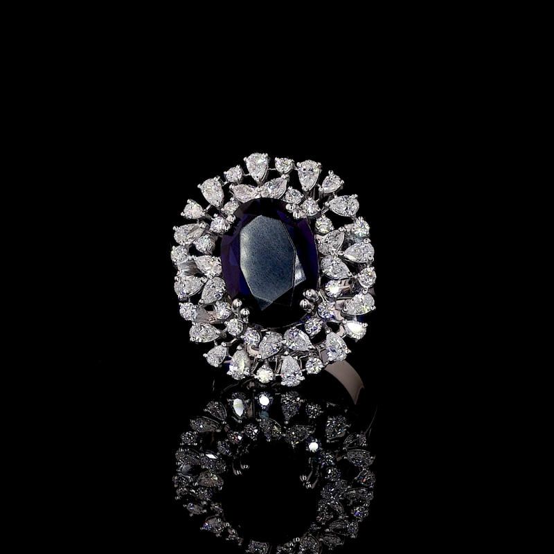 Sapphire Bloom Lab Ring Oval Cut Double Halo Mixed Shapes 14K 18K Gold Sapphire Bloom Lab Ring Oval Cut Double Halo Mixed Shapes 14K 18K Gold