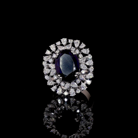 Sapphire Bloom Lab Ring Oval Cut Double Halo Mixed Shapes 14K 18K Gold