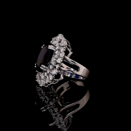 Sapphire Bloom Lab Ring Oval Cut Double Halo Mixed Shapes 14K 18K Gold