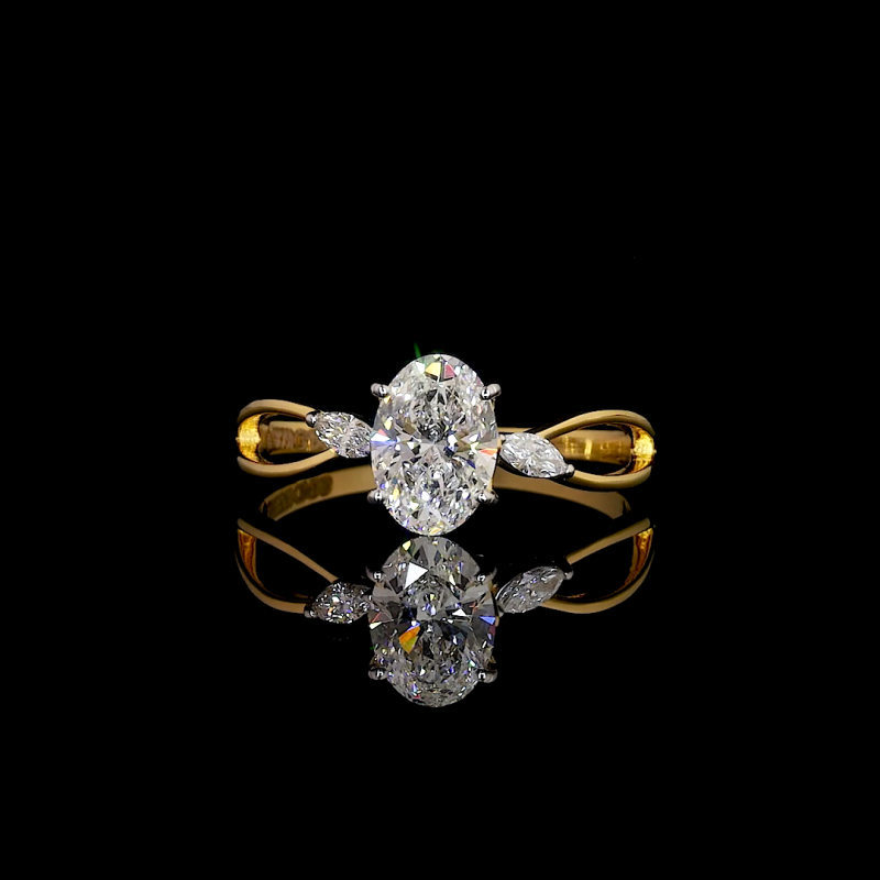 Trio Bloom Lab Diamond Ring Oval Cut & Marquise Side Stones Twisted Band 14K 18K Gold