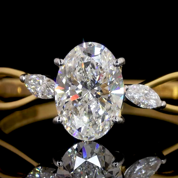 Trio Bloom Lab Diamond Ring Oval Cut & Marquise Side Stones Twisted Band 14K 18K Gold