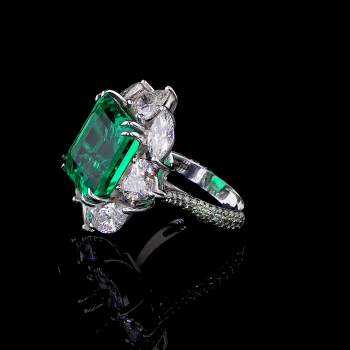 Opulent Emerald Ring - 14K/18K White Gold, Lab-Grown Emerald & Diamond, Ring, Vintage Cluster, Women Opulent Emerald Ring - 14K/18K White Gold, Lab-Grown Emerald & Diamond, Ring, Vintage Cluster, Women