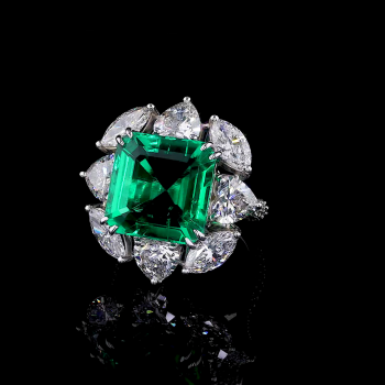 Opulent Emerald Ring - 14K/18K White Gold, Lab-Grown Emerald & Diamond, Ring, Vintage Cluster, Women Opulent Emerald Ring - 14K/18K White Gold, Lab-Grown Emerald & Diamond, Ring, Vintage Cluster, Women