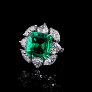 Opulent Emerald Ring - 14K/18K White Gold, Lab-Grown Emerald & Diamond, Ring, Vintage Cluster, Women