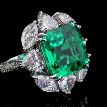 Opulent Emerald Ring - 14K/18K White Gold, Lab-Grown Emerald & Diamond, Ring, Vintage Cluster, Women Opulent Emerald Ring - 14K/18K White Gold, Lab-Grown Emerald & Diamond, Ring, Vintage Cluster, Women