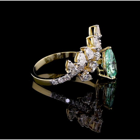 Golden Petal Ring - 14K/18K Yellow Gold, Lab-Grown Green Diamond & Diamond, Ring, Vintage Floral, Women