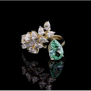 Golden Petal Ring - 14K/18K Yellow Gold, Lab-Grown Green Diamond & Diamond, Ring, Vintage Floral, Women