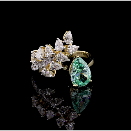 Golden Petal Ring - 14K/18K Yellow Gold, Lab-Grown Green Diamond & Diamond, Ring, Vintage Floral, Women