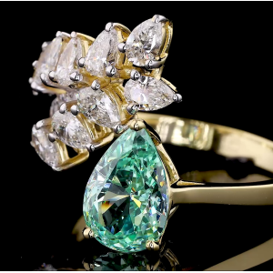 Golden Petal Ring - 14K/18K Yellow Gold, Lab-Grown Green Diamond & Diamond, Ring, Vintage Floral, Women