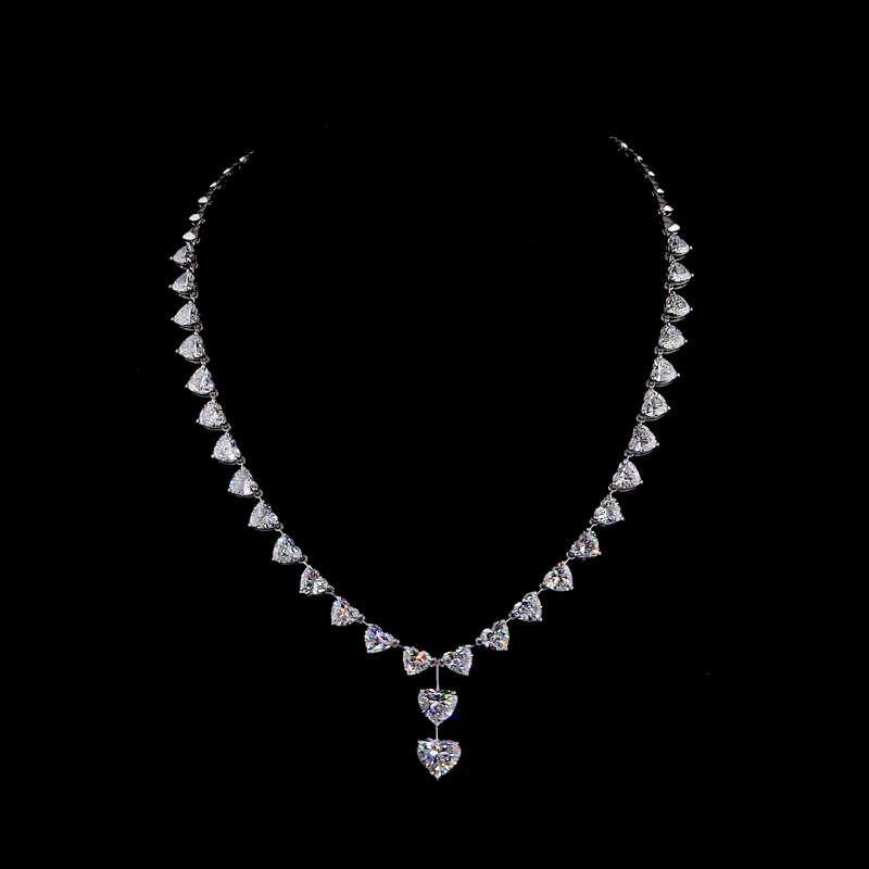 Heart Shape Lab Grown Diamond Tennis Necklace with Heart Pendant 14K Solid Gold