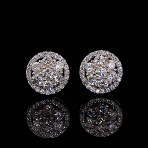 Embossed Round Flower Cluster Stud Diamond Earrings