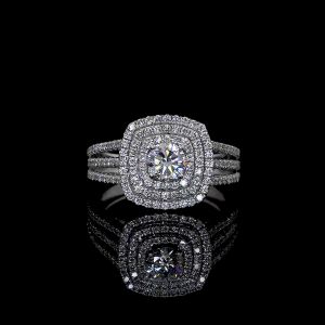 1.17 CT Round Lab Grown Diamond Wedding Ring, Double Halo Engagement Ring, Three Row Split Shank