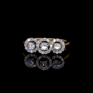 Triple Halo Spark – 14k Gold Three Round Diamond Ring with Pavé Accents
