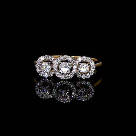 Triple Halo Spark – 14k Gold Three Round Diamond Ring with Pavé Accents