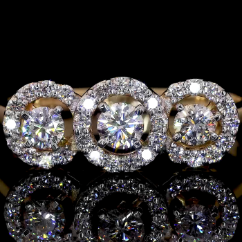 Triple Halo Spark – 14k Gold Three Round Diamond Ring with Pavé Accents Triple Halo Spark – 14k Gold Three Round Diamond Ring with Pavé Accents