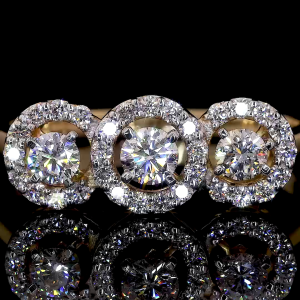 Triple Halo Spark – 14k Gold Three Round Diamond Ring with Pavé Accents