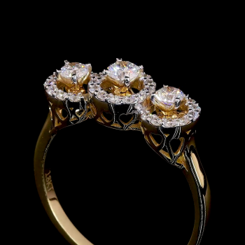 Triple Halo Spark – 14k Gold Three Round Diamond Ring with Pavé Accents Triple Halo Spark – 14k Gold Three Round Diamond Ring with Pavé Accents