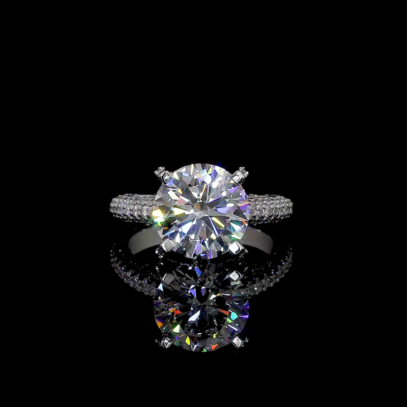 Round Spark Lab Diamond Ring Hidden Halo Pave Band 14K 18K Gold