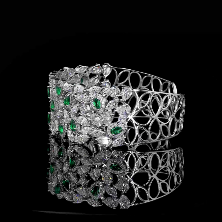 14K White Gold with Lab Grown Green Emeralds Lab Grown Diamonds Fancy Bracelet