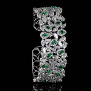 14K White Gold with Lab Grown Green Emeralds Lab Grown Diamonds Fancy Bracelet
