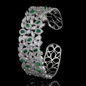 14K White Gold with Lab Grown Green Emeralds Lab Grown Diamonds Fancy Bracelet