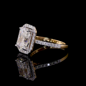 Radiant Crest Lab Diamond Ring Rectangular Cut Halo Setting Pave Band 14K 18K Gold