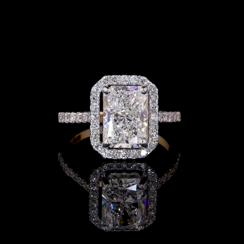 Radiant Crest Lab Diamond Ring Rectangular Cut Halo Setting Pave Band 14K 18K Gold