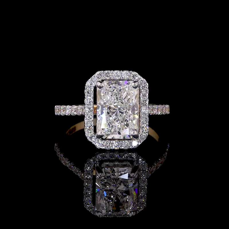 Radiant Crest Lab Diamond Ring Rectangular Cut Halo Setting Pave Band 14K 18K Gold