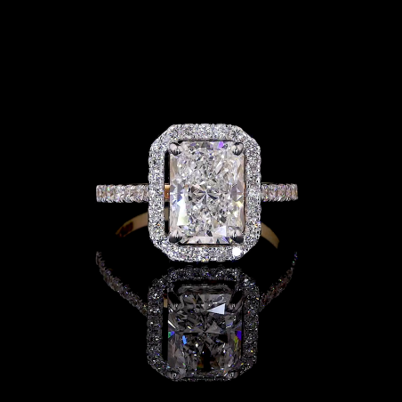 Radiant Crest Lab Diamond Ring Rectangular Cut Halo Setting Pave Band 14K 18K Gold