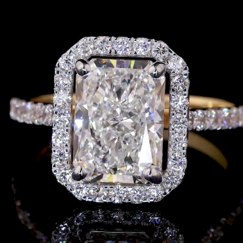 Radiant Crest Lab Diamond Ring Rectangular Cut Halo Setting Pave Band 14K 18K Gold
