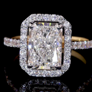 Radiant Crest Lab Diamond Ring Rectangular Cut Halo Setting Pave Band 14K 18K Gold