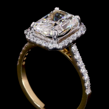 Radiant Crest Lab Diamond Ring Rectangular Cut Halo Setting Pave Band 14K 18K Gold