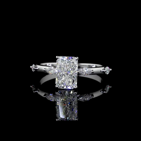 Radiant Crest Lab Diamond Ring Rectangular Cut Halo Setting Pave Band 14K 18K Gold